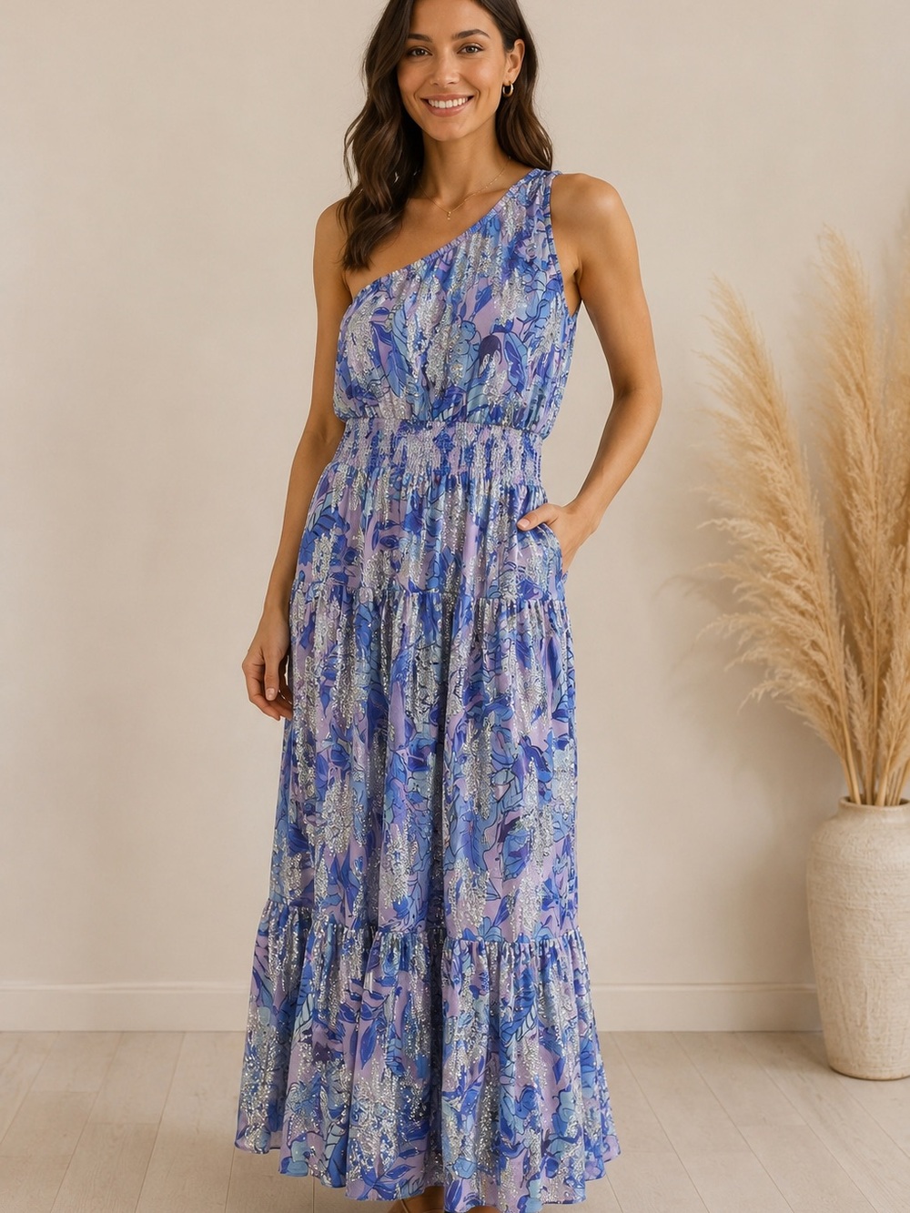Boston Proper Sz M Oneâ Shoulder Maxi Dress Metallic Lurex Floral Smocked Waist